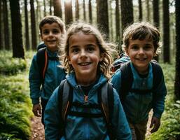 photo group of kids as a backpacker in the dark wood, generative AI