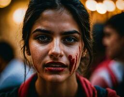 foto grupo de rabia enojado Adolescente Universidad niña luchando el otro con herida en rostro, generativo ai