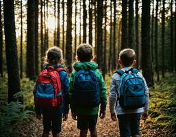 photo group of kids as a backpacker in the dark wood, generative AI