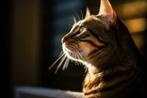 a cat is sitting in front of a window with the sun shining on it generative AI photo