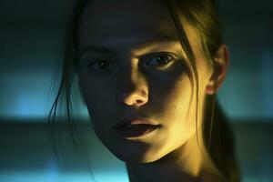 a close up of a woman in a dark room generative AI photo