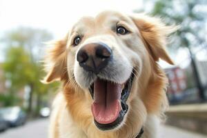 a close up of a golden retriever with its mouth open generative AI photo