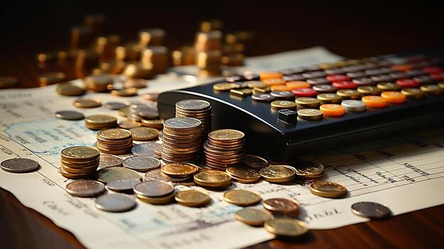 photo-realistic of calculator, money and paper with graphic chart on table AI Generative photo