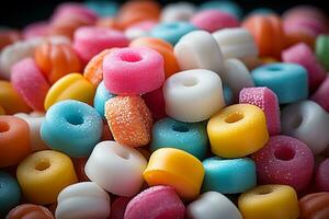 Photo-realistic of colorful candies in aerial view for background made by AI generated photo