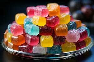 Photo-realistic of colorful candies in aerial view for background made by AI generated photo