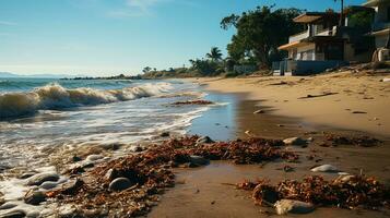 photo-realistic of dirty beach at afternoon with so much garbage AI generated photo