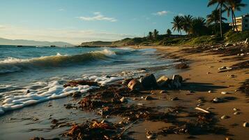 foto-realista de sucio playa a tarde con entonces mucho basura ai generado foto