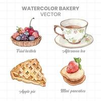 watercolor bakery set of fruit and tea illustration vector