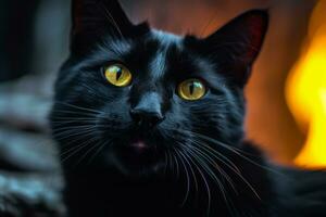 a close up of a black cat with yellow eyes generative AI photo