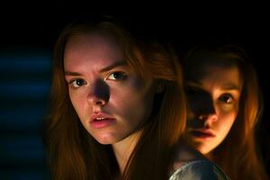 a close up of two women in a dark room generative AI photo