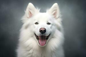 a close up of a white dog with its mouth open generative AI photo