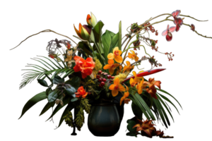 bouquet of tropical flowers in vase isolated on transparent background, generative ai png