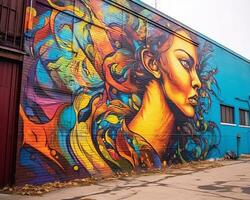 a colorful mural of a womans face on the side of a building generative AI photo