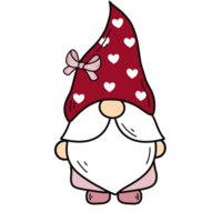 The gnome wears a red hat with a white heart and is adorned with a pink bow. png