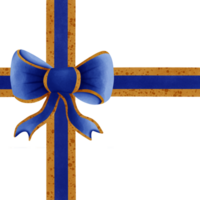 Blue ribbon bow with gold stripes isolated on transparent background png