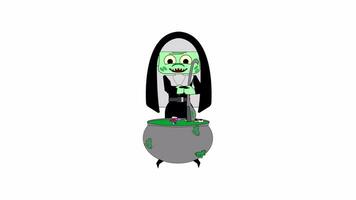 animering zombie nunna brygger en trolldryck. video platt tecknad serie animering design element. 4k video antal fot, alfa kanal genomskinlighet