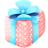 Pink gift box with circle pattern and blue ribbon png