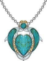 Jewelry design fancy turquoise set with heart and dolphins pendant hand drawing and painting make graphic vector. vector