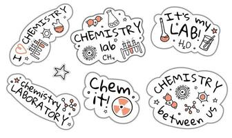 A set of funny stickers on chemistry in the style of doodle with lettering vector