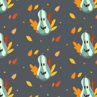 Seamless vector Halloween pattern with jack o lantern and autumn leaves on the grey background.