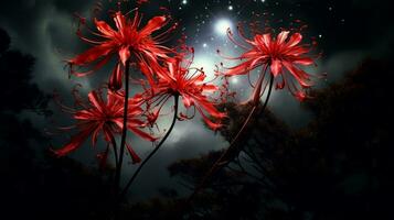 red flowers in the night a full moon photo
