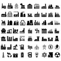 Industrial factories vector icon set. Factory illustration sign collection. Industry power symbol. chemical manufacturing building logo. nuclear energy plant icons.