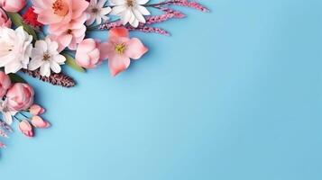 Spring flower frame on blue background space for text photo