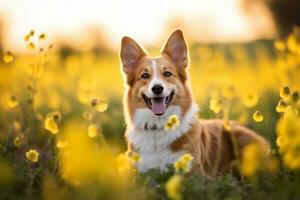 a corgi dog is sitting in a field of yellow flowers generative AI photo