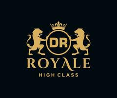 Golden Letter DR template logo Luxury gold letter with crown. Monogram alphabet . Beautiful royal initials letter. vector