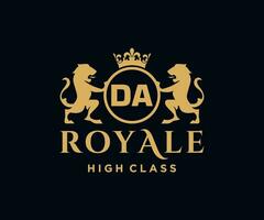 Golden Letter DA template logo Luxury gold letter with crown. Monogram alphabet . Beautiful royal initials letter. vector