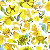Seamless pattern with yellow flowers and butterflies on white background. AI generated. photo