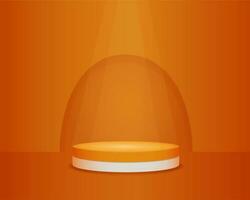 Orange realistic cylinder pedestal podium. Arch in backdrop. 3d Abstract vector geometric platform.