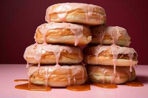 a pile of donuts with pink icing on top generative ai photo