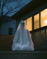 a person in a ghost costume sitting on a porch at night generative AI photo