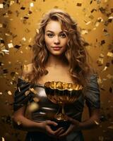 beautiful young woman holding a golden trophy in her hands generative ai photo