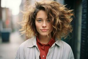 a woman with curly hair standing in the street generative ai photo