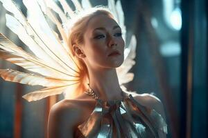 a woman with golden feathers on her head generative AI photo