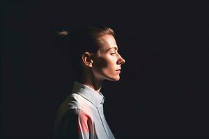 a woman in a white shirt standing in front of a black background generative AI photo
