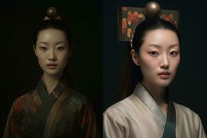 two pictures of asian women in traditional clothing generative AI photo