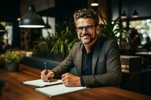 Satisfied young man with glasses sitting at a desk and doing paperwork at his workplace. AI Generated photo