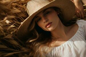 A woman laying down in the grass with a hat. AI Generated photo