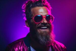 bearded man smiling on red background, in the style of ultraviolet photography, neon color palette, . AI Generated photo