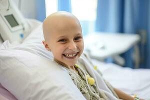 calvo niña sonriente en cáncer hospital cama. ai generado foto