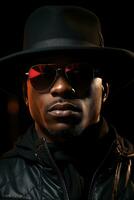 Photo of a black guy in a black hat. On a black background under neon light. AI Generated