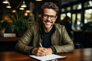 Satisfied young man with glasses sitting at a desk and doing paperwork at his workplace. AI Generated photo