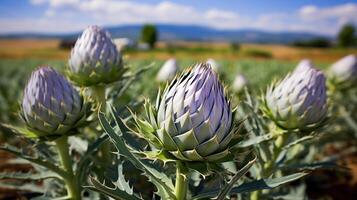 Close up of artichoke in a field. AI Generated photo