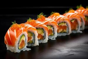 Delicious sushi rolls on black table Japanese food. photo