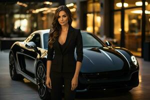 A woman in a suit stands next to a supercar . AI Generated photo