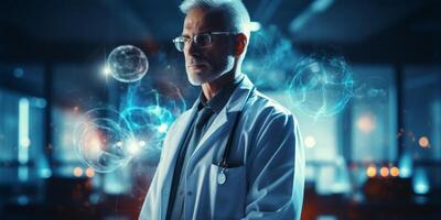 Medicine doctor with stethoscope and icon health care on virtual interface and patients. photo