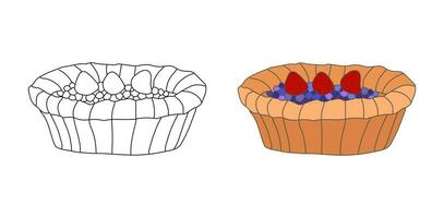 baya Fruta tarta. tarta relleno con fresas, arándanos, Mora, grosella. vector aislado en blanco. en color, describir. sano hecho en casa dieta postre hecho desde todo grano harina y eco bayas